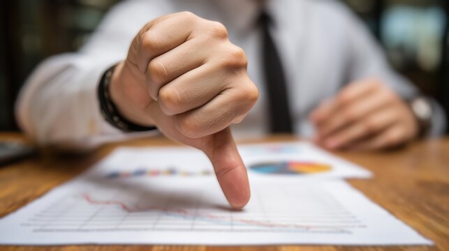 Businessman's hand giving a thumbs down over a declining financial graph