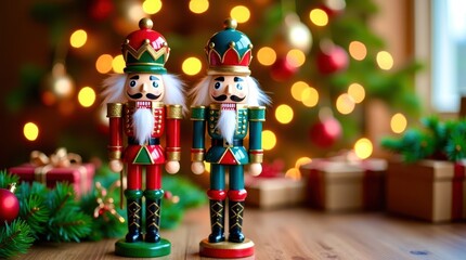 A nutcracker is standing in front of a Christmas tree