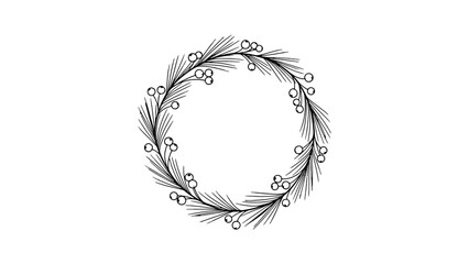 A simple black and white line art illustration of a festive circular wreath made of evergreen branches and berries.