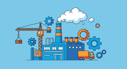 Industrial factory and construction illustration with crane truck production gears and blue background