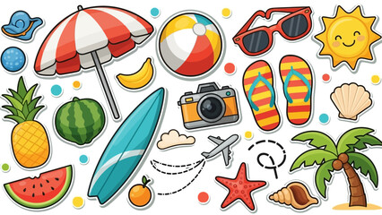A vibrant collection of summer vacation and beach-themed illustrations, featuring iconic symbols of relaxation and travel.