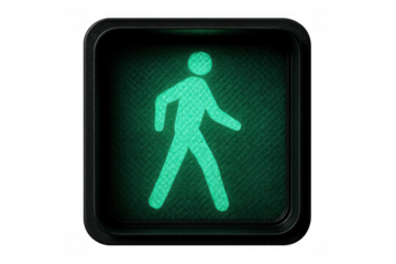 Green pedestrian traffic light sign indicating 'walk' on transparent background for road safety and urban navigation
