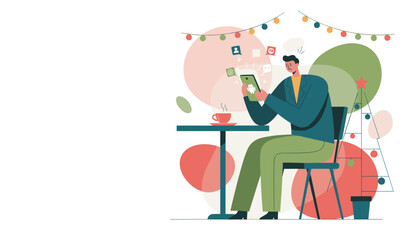 Man stressed by overwhelming digital notifications on his smartphone during the holidays