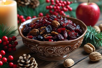 Festive Christmas Cranberry and Nut Mix in Ornate Bowl with Holiday Decor
