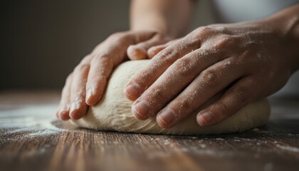 Baker's hands covered in white flour kneading a soft ball of fresh dough on a rustic wooden surface, showing the traditional and artisanal process of making bread