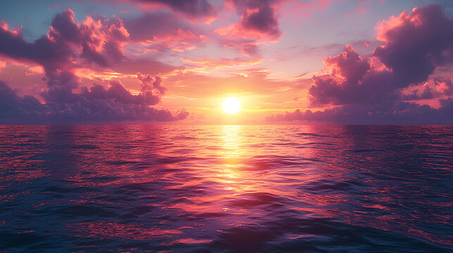 Vibrant sunset paints the ocean sky with fiery pink and orange clouds over calm water.