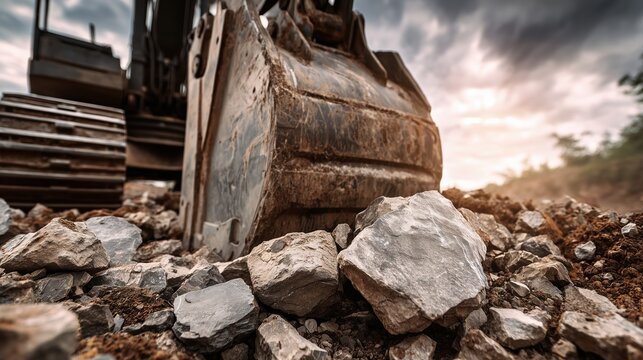 Heavy duty excavator bucket close-up digging through rocks and soil at a construction site - Powered by Adobe