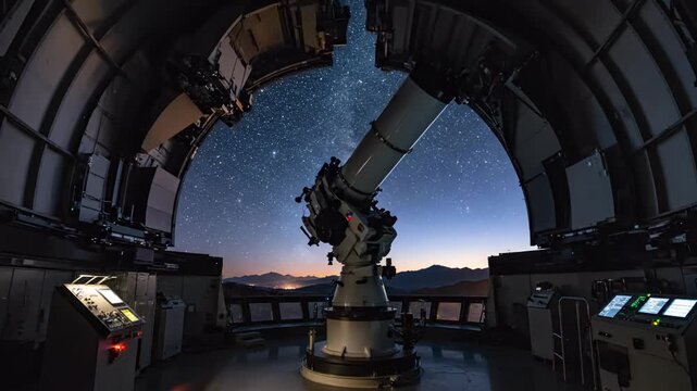 observatory telescope under twilight sky dome interior, mounted reflector pointing toward starry horizon, control consoles glowing with soft led readouts, panoramic dome opening framing