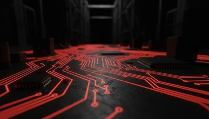 Dark circuit board with glowing red traces and microchips is shown in a low-angle, futuristic close-up view with dramatic lighting and a shallow depth of field