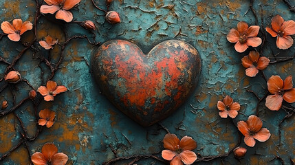 Rustic heart adorned with blooming flowers, symbolizing enduring love and nature's beauty.