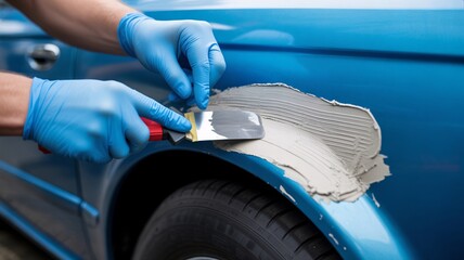Auto body repair technician skillfully applies filler to a blue car panel