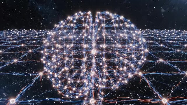 glowing neural network forms spherical brain of light, interconnected nodes pulse with signal across matrix grid, synapse pathways animate like starfield, ai and data intelligence metaphor