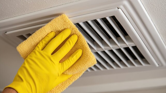 Hand in a yellow rubber glove cleaning a ceiling air ventilation register with a towel