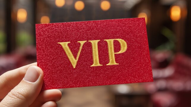 Hand holding a red vip access card with raised gold letters in a restaurant