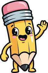 Cute cartoon pencil character waving hello with happy expression