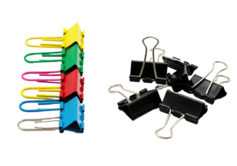 A precise row of colorful paper clips and black binder clips isolated on a transparent background under studio lighting. Concept of office organization