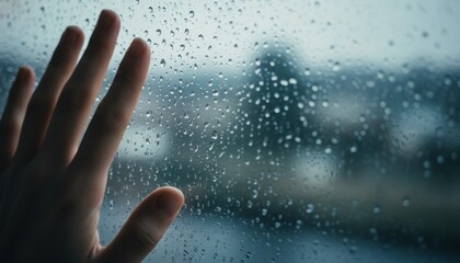 Delicate human hand gently pressed against a cold, wet window covered in raindrops, evoking a feeling of sadness, longing, and contemplation