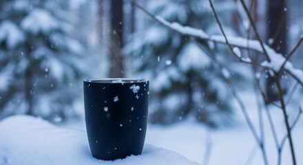 A black mug sits on a snow-covered surface in a winter forest. Snowflakes fall gently, surrounded by evergreen trees and a serene atmosphere.