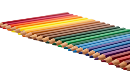 Photorealistic macro shot of a wave of sharp colored pencils in a rainbow spectrum on a transparent background with copy space. Concept of creativity and order