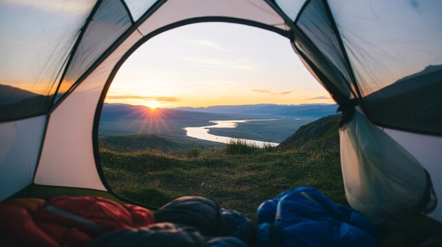 Breathtaking sunrise view from tent while camping on scenic mountaintop - Powered by Adobe