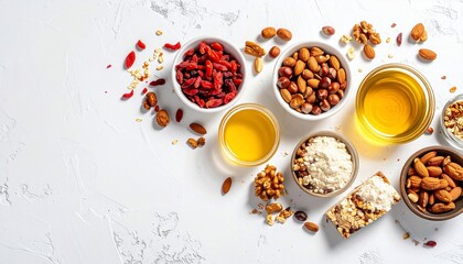 A Healthy Array of Gourmet Snacks and Natural Ingredients on a Bright White Surface