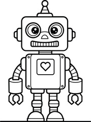 Cute cartoon robot with heart on chest ready for coloring fun