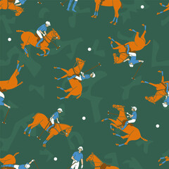 Seamless pattern with dynamic polo players on horses over a green background with abstract shapes