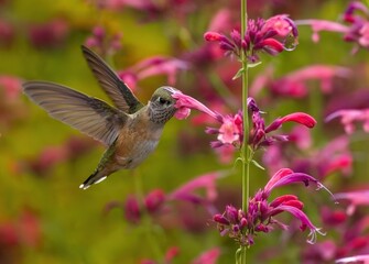Fototapeta premium Close up of a cute Hummingbird with its beak embedded deeply into a Hummingbird Mint flower while feeding.