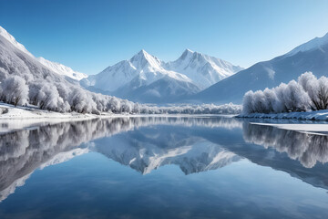 Serene winter landscape with snow covered mountains and frozen lake reflection