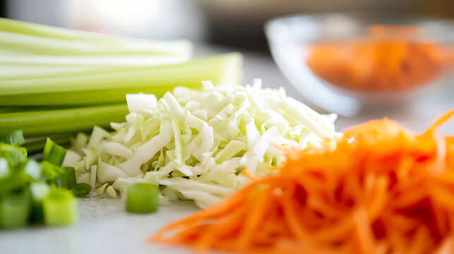 Bright salad preparation featuring shredded carrots, crisp cabbage, fresh celery, and green onions, all prepped on a white surface for a healthy and vibrant meal.