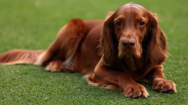 A beautiful Irish setter laying in the grass looking at viewer Stock Video