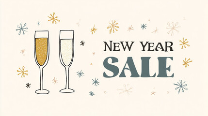 New Year sale announcement featuring champagne glasses and festive designs for celebration