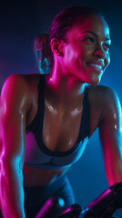 Black woman cycling in a modern spin studio with neon lighting. Intense, sweaty, authentic fitness moment with strong energy, inclusive representation. Modern studio lighting, inclusive body type, fit