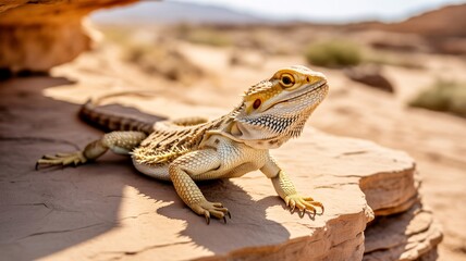 Fototapeta premium Bearded dragon lizard basking on rocks in desert sunlight, stunning reptile