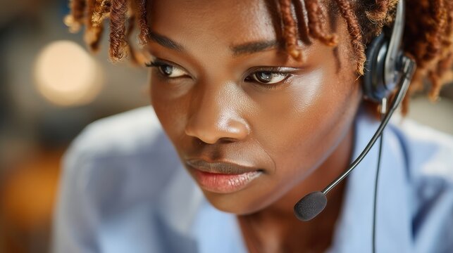 Close-up of a young black woman with dreadlocks wearing a call center headset - Powered by Adobe