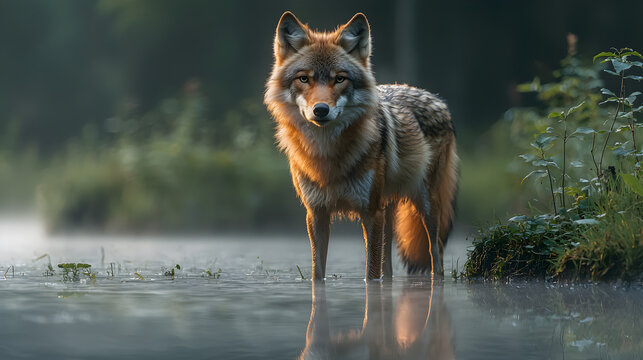 Majestic coyote pauses in misty shallow water at sunrise, alert and watchful.