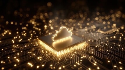 Glowing cloud icon on a central processing unit chip over a circuit board