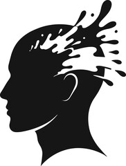 Creative explosion icon vector—black silhouette of head with abstract splash for imagination, thought, and innovation-themed visuals