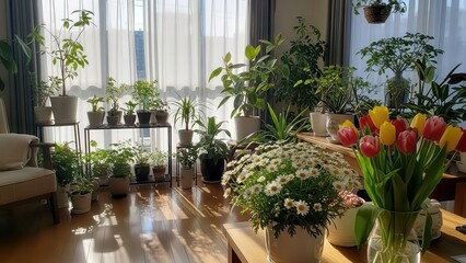 Sunlit home interior with varied potted plants, tulips, and daisies.