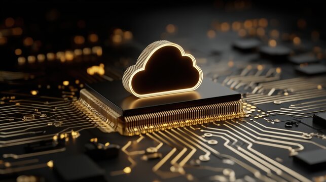 Solid cloud icon glowing on a dark microchip on a futuristic circuit board