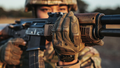 A soldier in camouflage uniform and gloves holding a rifle, aiming forward with a determined expression.