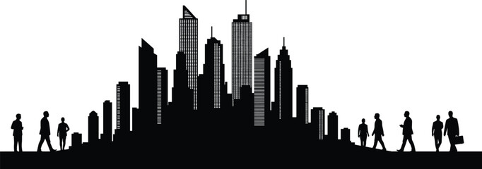 City life icon vector—black silhouette of skyline and walking people for urban, lifestyle, commuting, and social interaction visuals