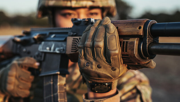 A soldier in camouflage uniform and gloves holding a rifle, aiming forward with a determined expression.