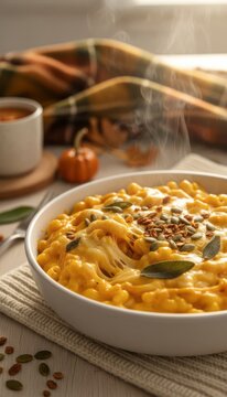 Steamy pumpkin mac 'n' cheese with sage sprinkles, perfect for cozy sweater weather and National Comfort Food Day indulgence