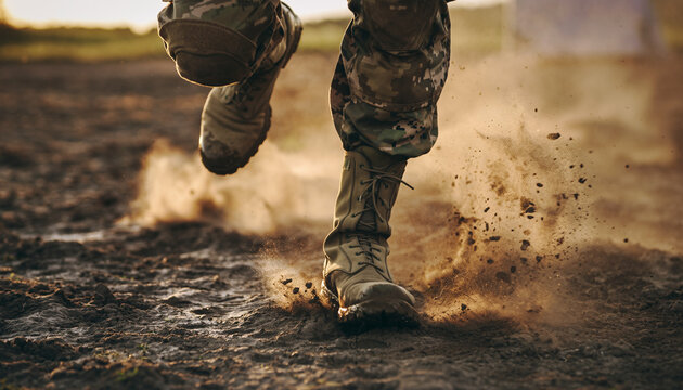 Close-up of a person's legs and combat boots running on a dusty, muddy terrain, kicking up dirt and debris.