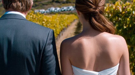 Veiled whispers of love in vineyard rows, Caucasian couple embracing wedding vows, harvest hue promises, Beaujolais Nouveau celebrations