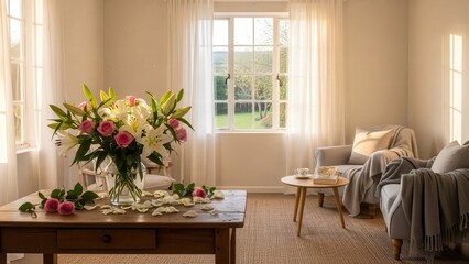 Fototapeta premium Cozy living room with floral bouquet, sunlit interior and garden view