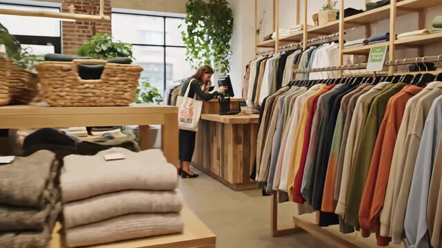 boutique clothing display denim jacket on mannequin, wooden racks filled with earth tone jackets and knit sweaters, woven baskets with folded linens, sunlit showroom with plants, shopper browsing