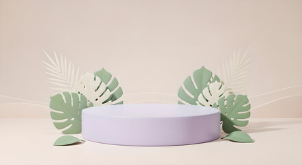 Podium Product Display Tropical Leaves Purple Green Copy Space