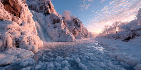 Sunrise over frozen waterfall and icy winter river